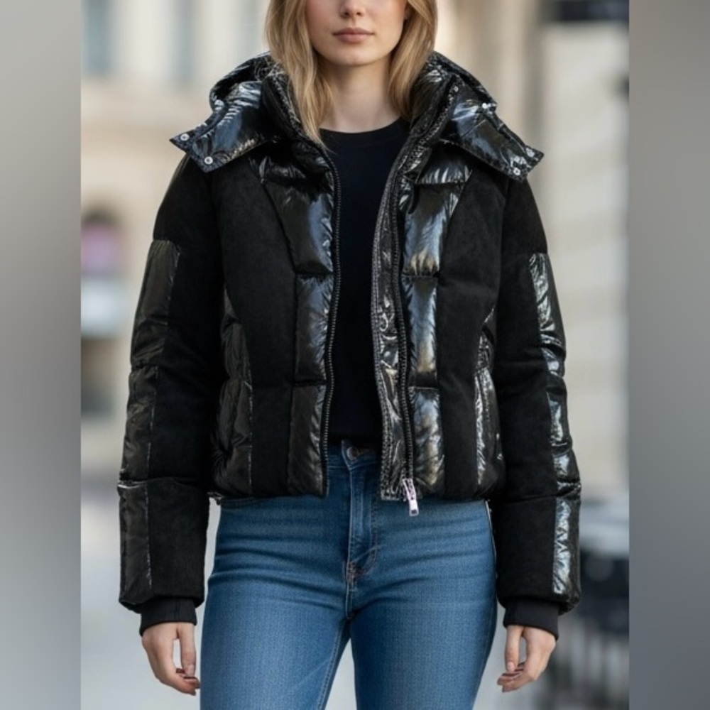 RtA Veya puffer jacket women’s Shiny Black coat removable hood size medium‎